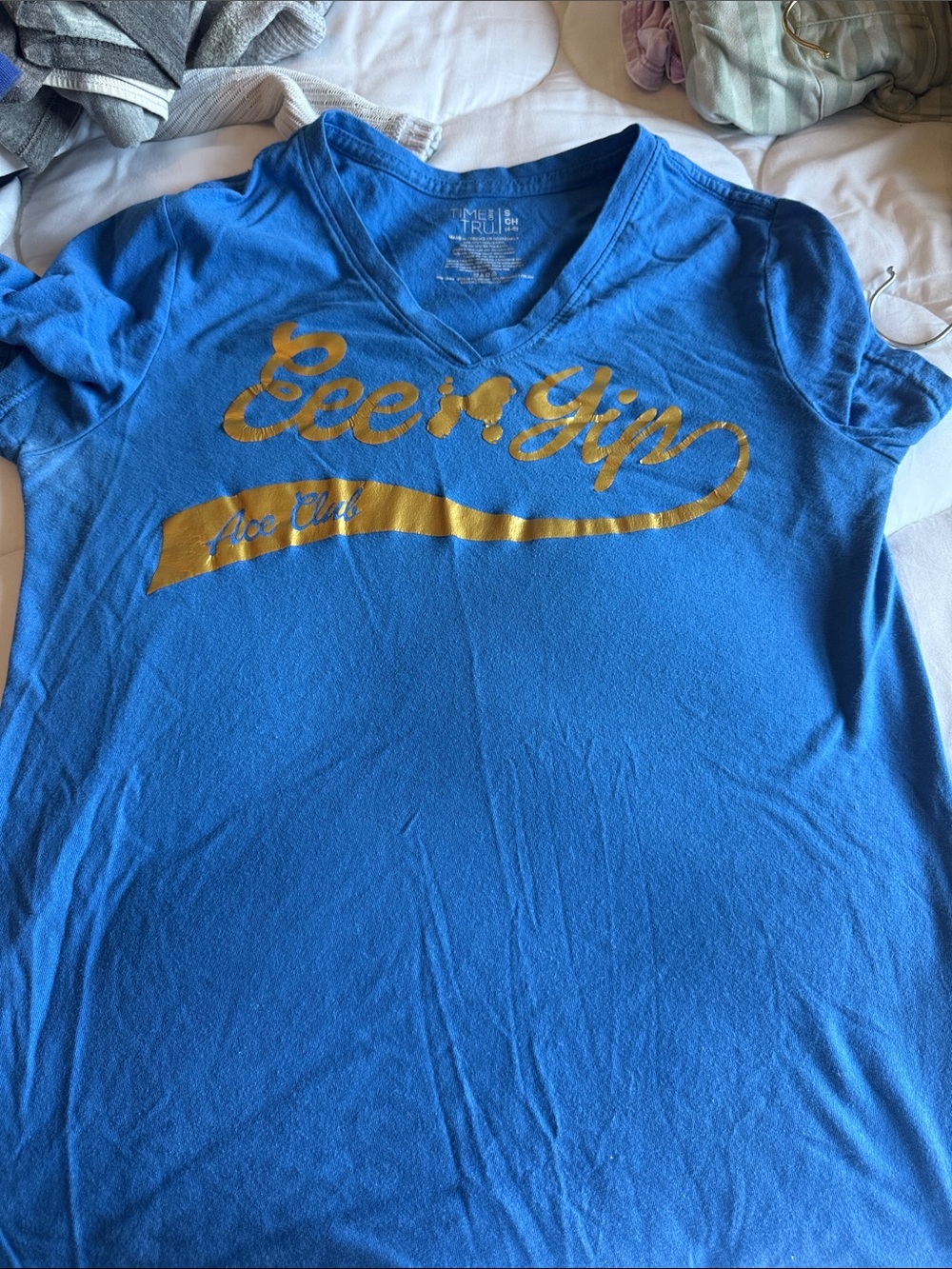 Girls' Blue V-Neck Graphic Tee with Gold Script